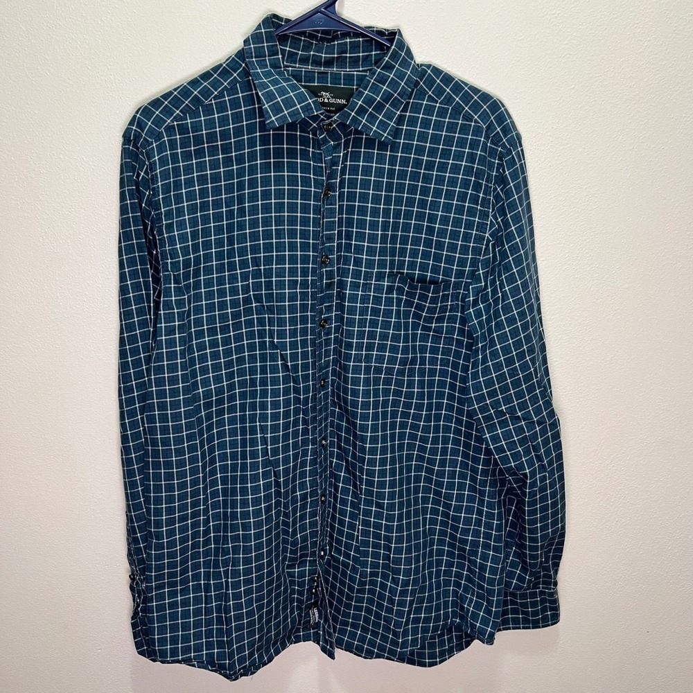 Rodd & Gunn Mens Sports Fit Button Down Shirt Navy Blue Windowpane‎ Cotton Large